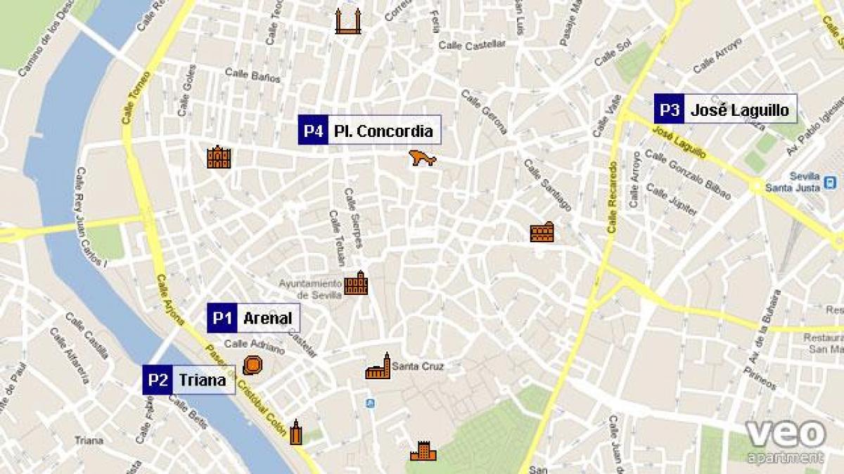 kaart van Sevilla parkeergelegenheid